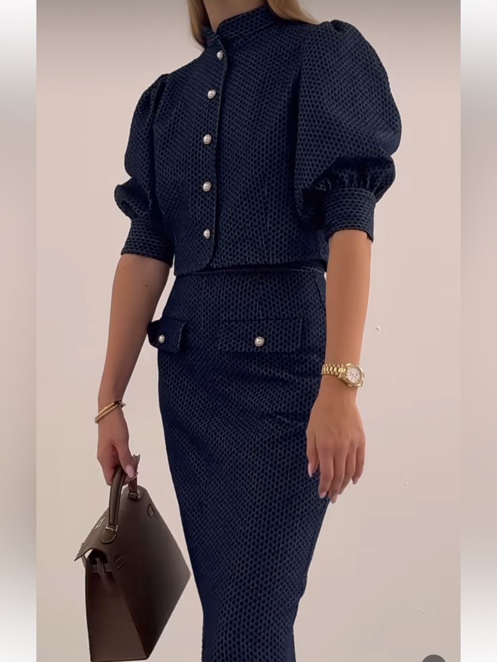Cropped Puff-Sleeve Button Front Skirt Suit in Navy - Picture 8 of 10